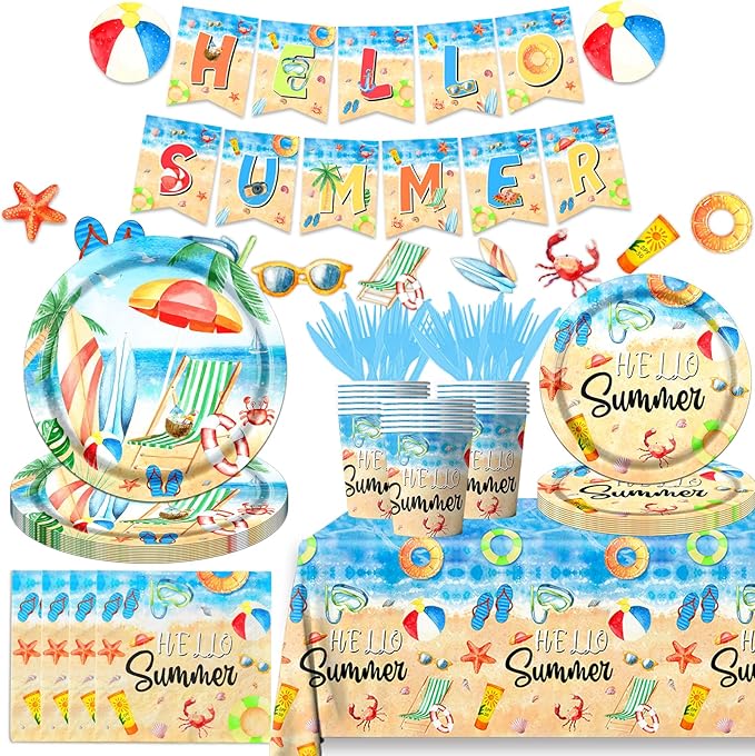 Hello Summer Party Decorations 142Pcs Beach Pool Party Paper Plates