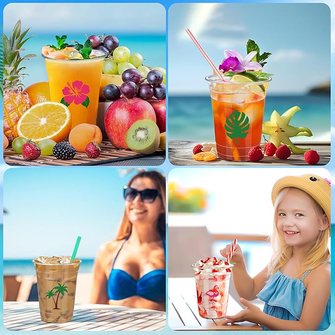 50 PCS Hawaiian Luau Cups 12 oz Plastic Tropical Cups Hawaii Party