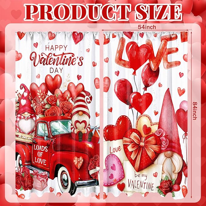 2 Pcs Valentines Day Curtains for Living Room Red Heart Truck Gnome