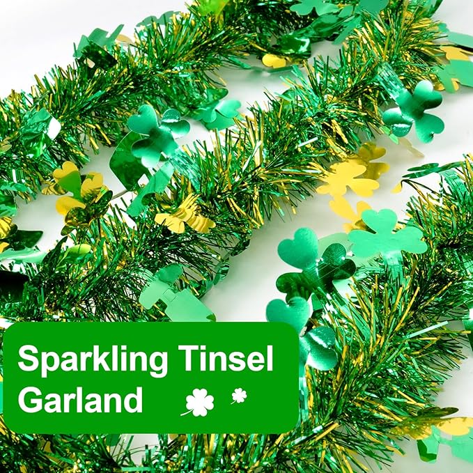 50FT St Patrick's Day Tinsel Garland Green Gold Shamrock Hat Tinsel
