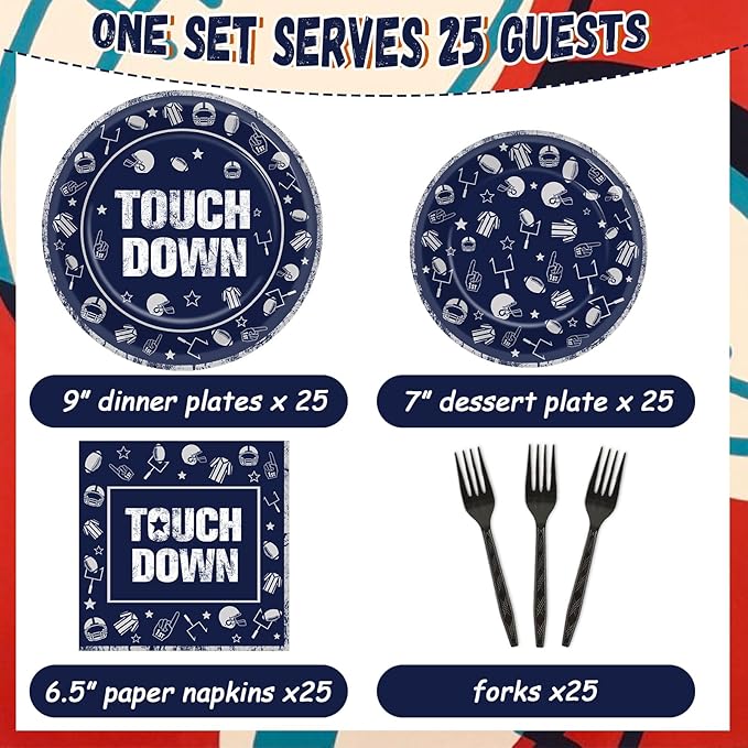 100 PCS Football Party Plates and Napkins Supplies Kit Cowboy Navy