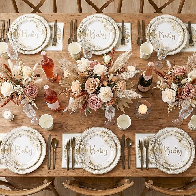 175 Pcs Boho Baby Shower Decorations, 25 Guest Baby Shower Plates and