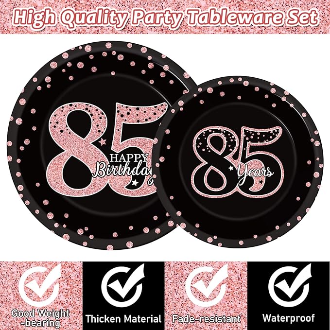 96 Pieces 85th Birthday Party Plates Rose Gold Cheers to 85 Years