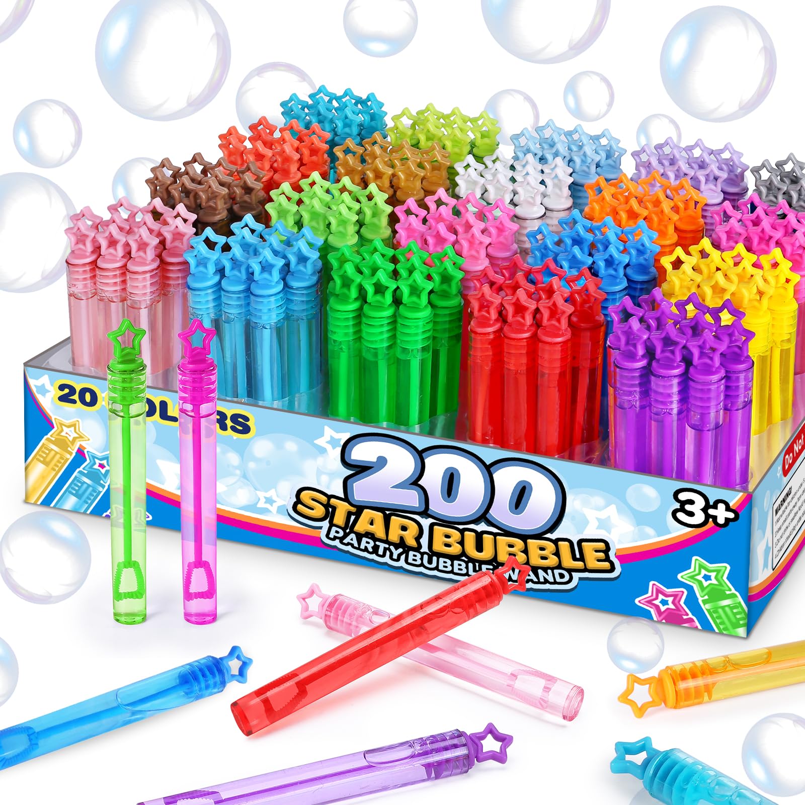 200 Pcs 20 Colors Mini Star Bubble Wand Bulk in Gift Box, Neon Bubbles