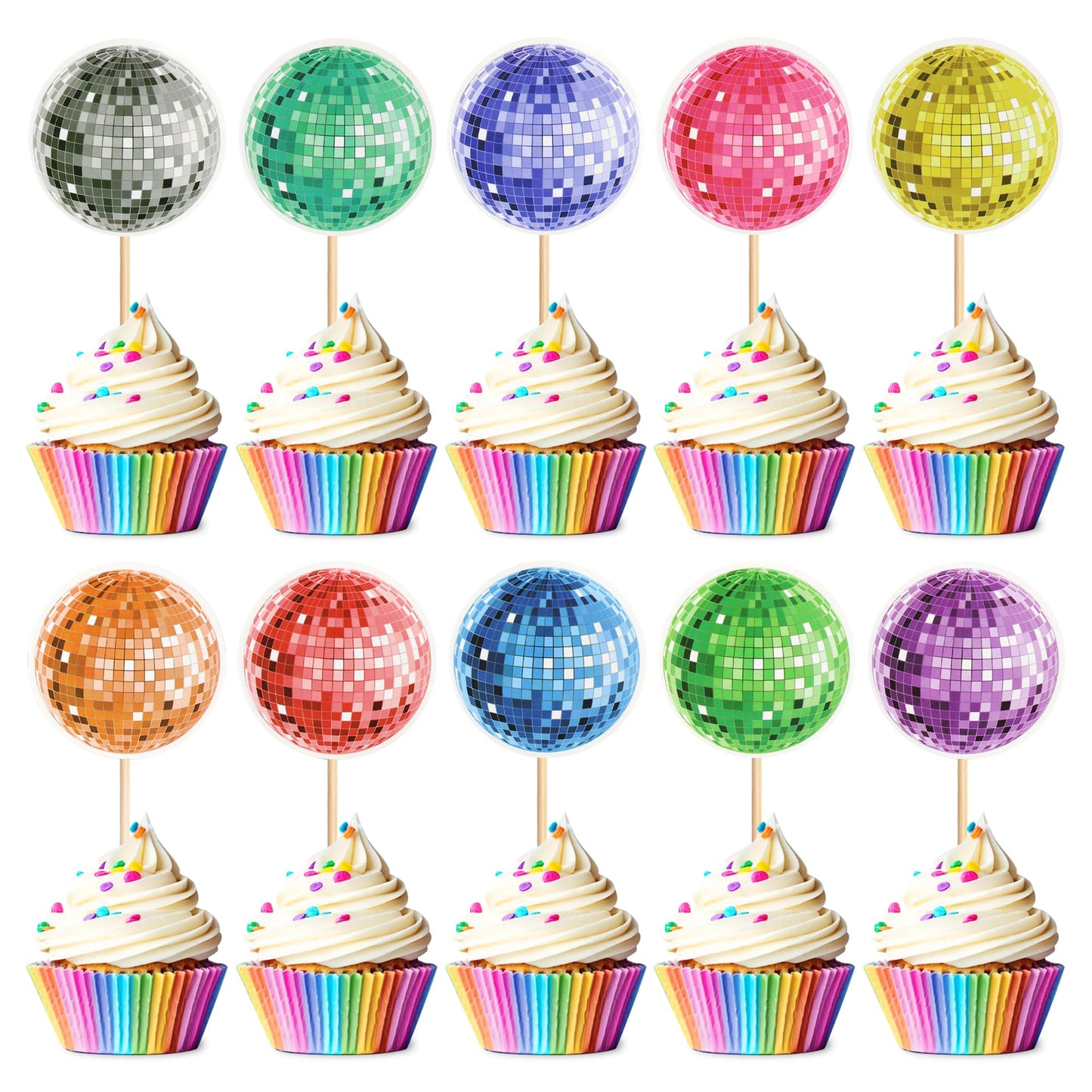 Cyodoos 30Pcs Disco Ball Party Cupcake Toppers 70s 80s Disco Birthday