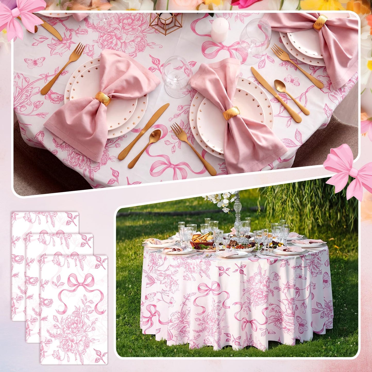 Ganeen 12 Pcs Pink Floral Bow Plastic Tablecloth Flower Round Vintage