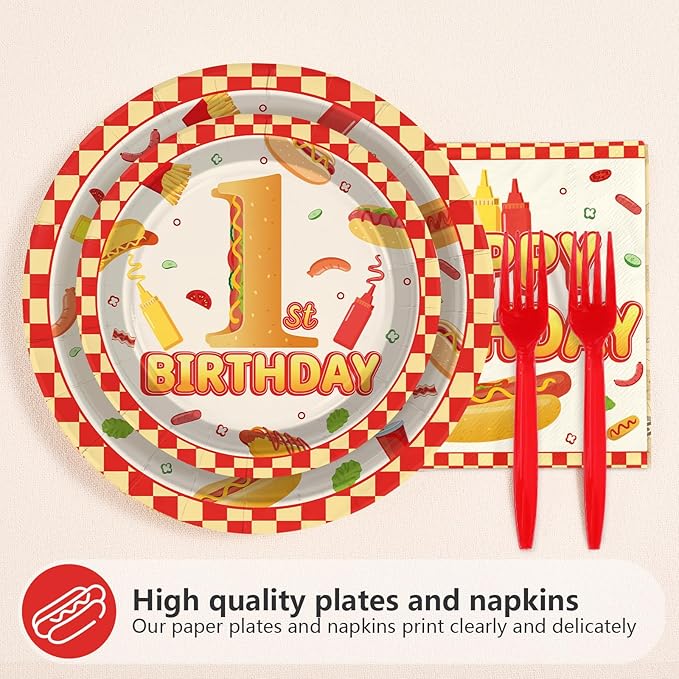 96Pcs Hot Dog Party Supplies 1st Birthday Plates and Napkins Fast