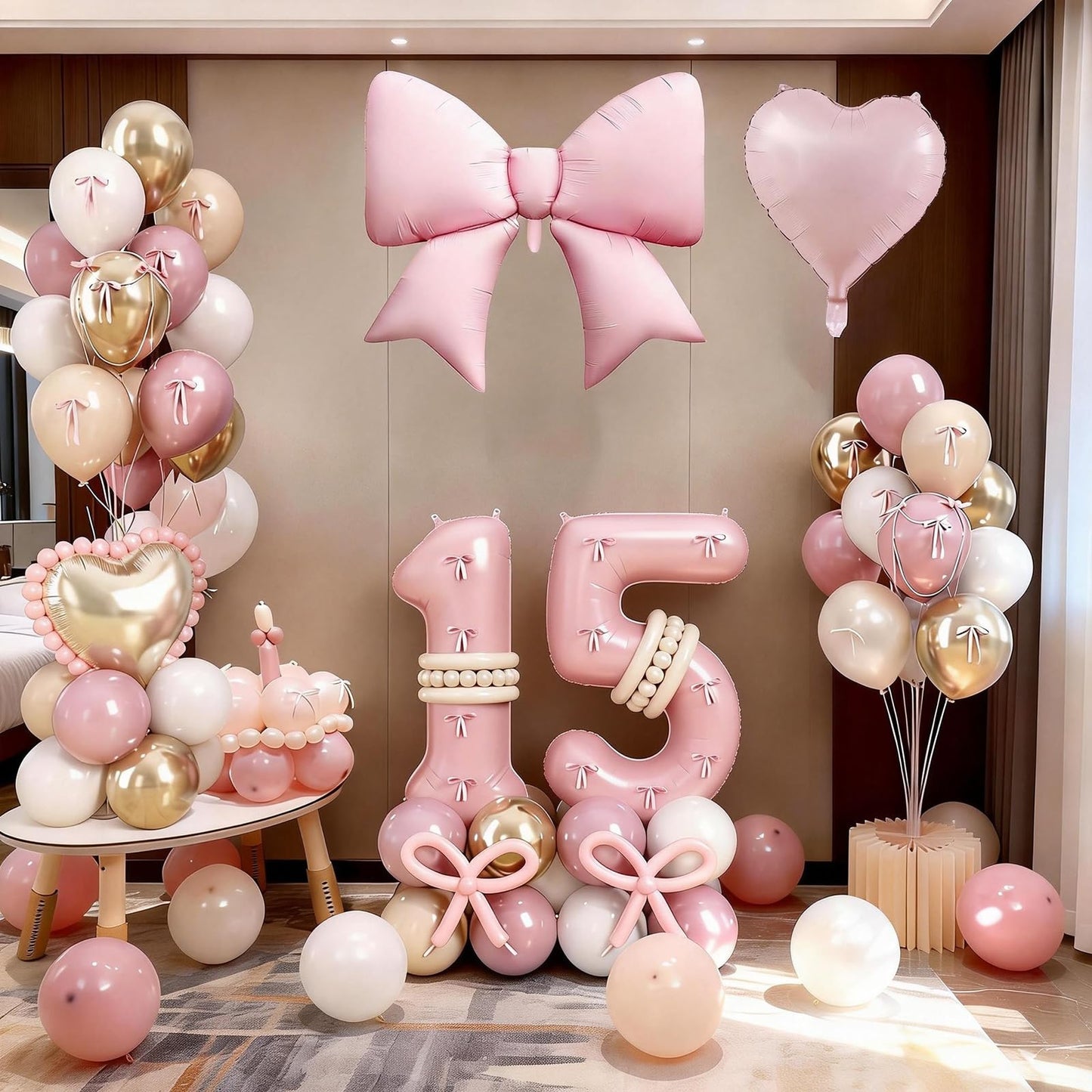 Pink Number 15 Balloon 40 Inch, Dusty Blush Pink Gold White Sand Latex