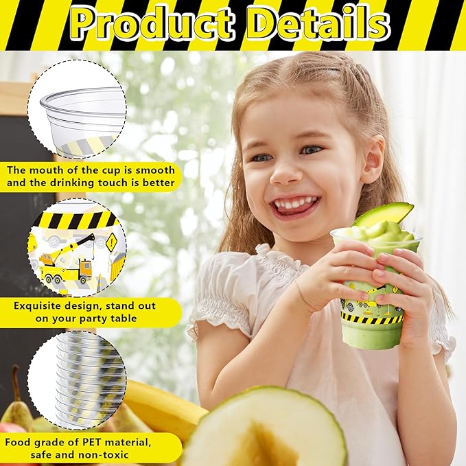 50 Pcs Construction Truck Plastic Cups with Lids and Straws 12 oz
