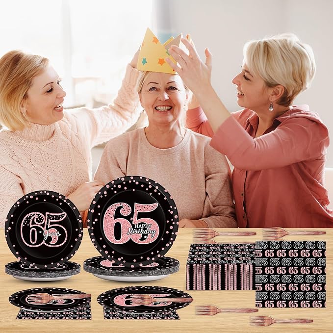 96 Pcs 65th Birthday Plates and Napkins Party Supplies Happy 65th
