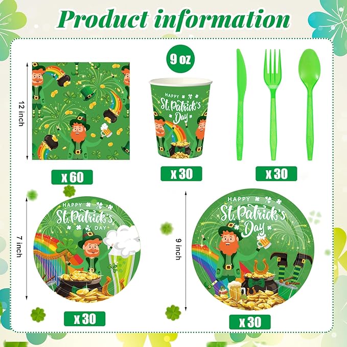 210 Pcs Happy St Patrick's Day Party Supplies Plates Napkins Cups