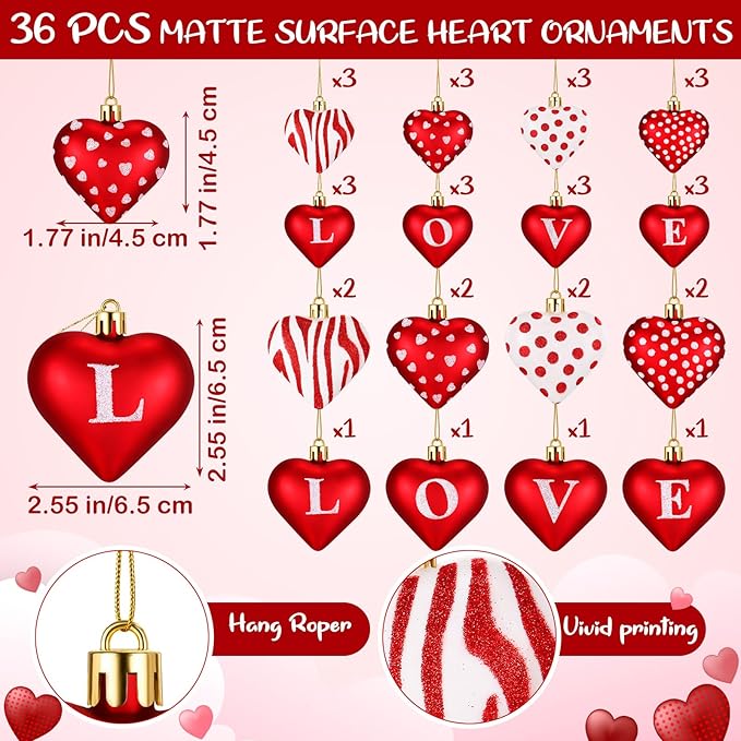 36 Pcs 2 Size 1.8/2.4 inch Valentines Day Heart Ornaments 8