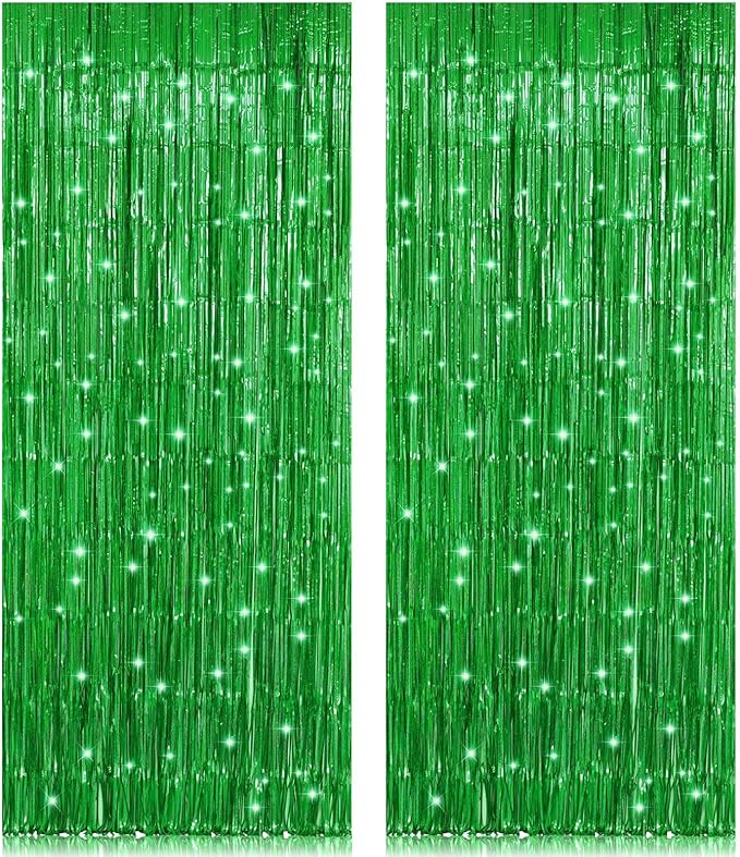 2 Pack 3.2ft x 8.2ft Green Foil Fringe Curtain, Metallic Tinsel Foil