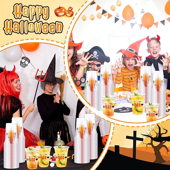 100 Pcs Halloween Plastic Cups Bulk 16 oz Disposable Halloween Boo