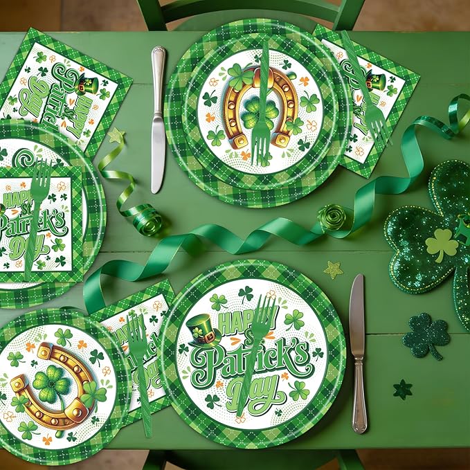 St Patricks Day Plates and Napkins Decorations 96PCS Lucky Green