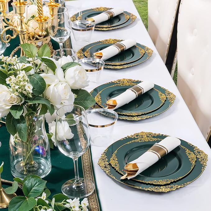 Nervure 175PCS Green Plastic Plates - Disposable Green Gold Party