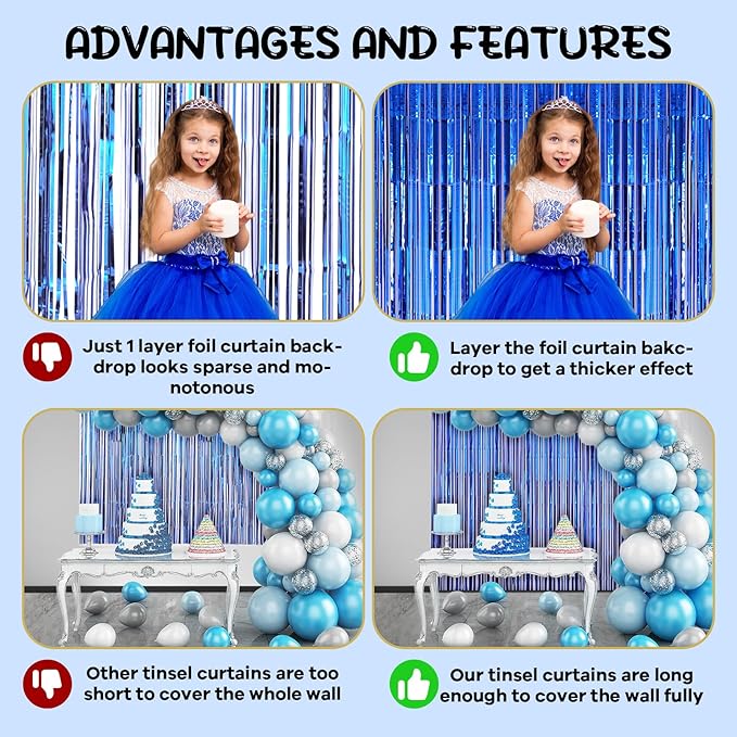 Voircoloria 2 Pack Blue Foil Fringe Backdrop Curtains, Tinsel