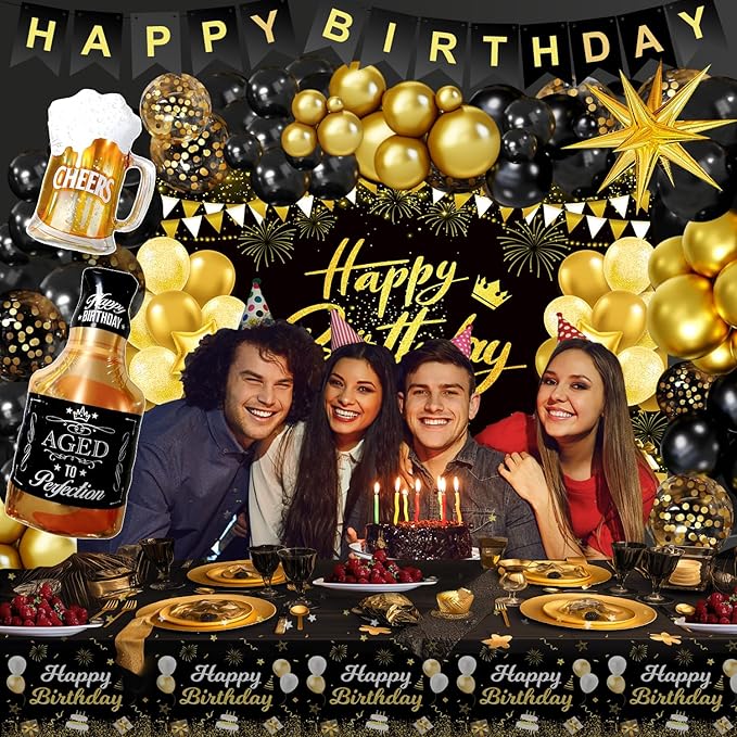 Black and Gold Birthday Decorations for Men Women Black