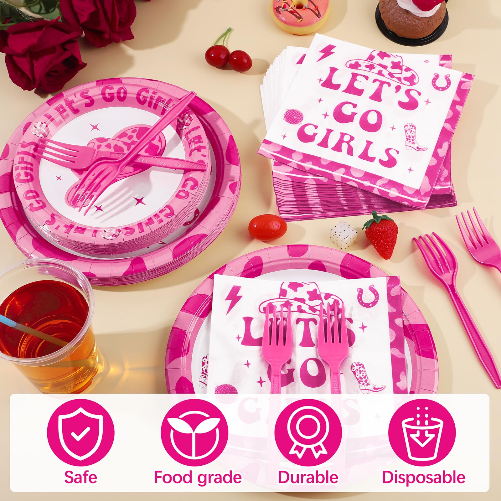 durony 96 Pieces Let's Go Girls Party Tableware Serve 24 Guests