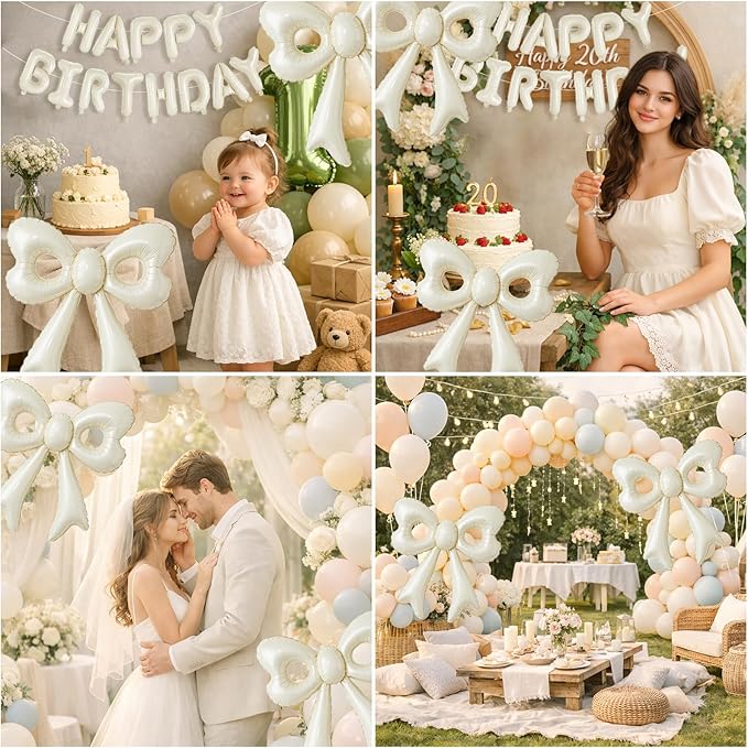 Cream Happy Birthday Balloons, 31”Huge Beige Bow Aluminum Foil