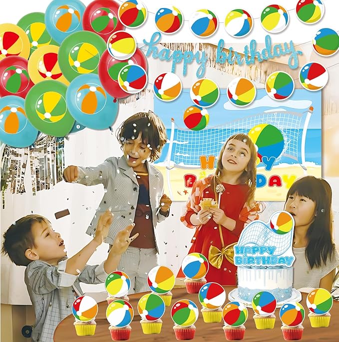Beach Ball Birthday Party Decorations Includes Banner Cake Topper