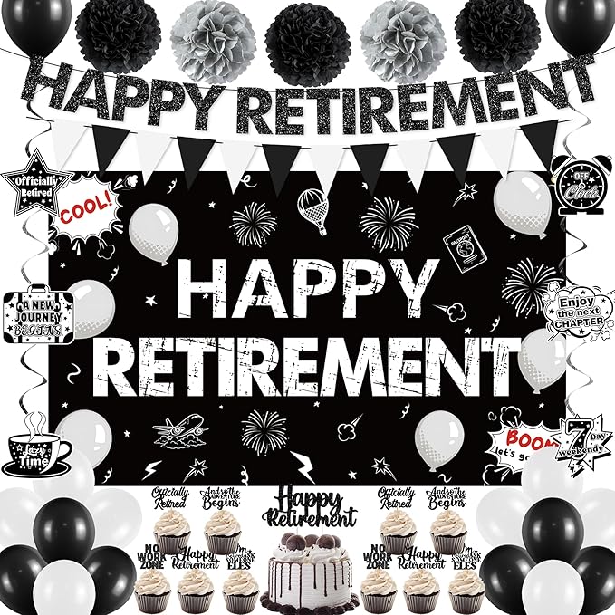 Retirement Party Decorations Black White Happy Retirement Banner