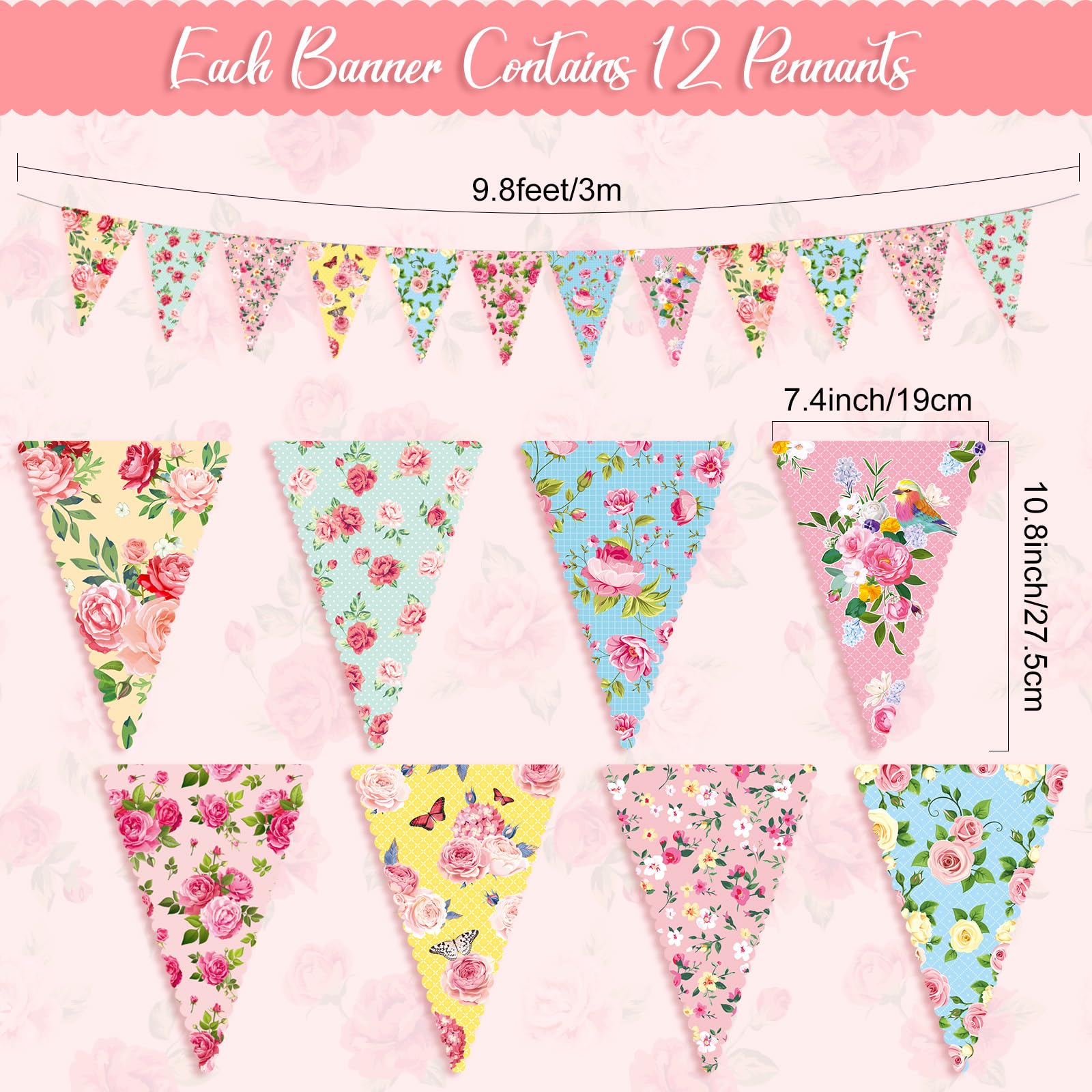 Faccito 49 Ft 60 Pcs Tea Floral Party Paper Bunting Decor Outdoor