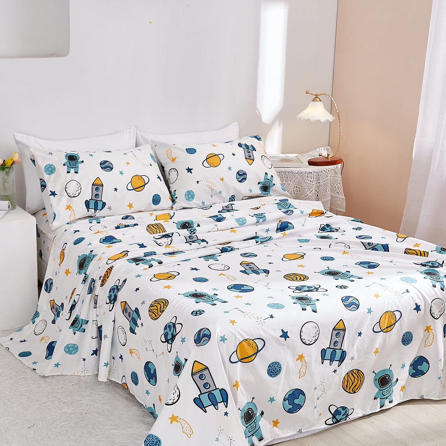 JSD Blue Astronaut Kids Sheet Set Twin Size, 3 Piece Space Rocket