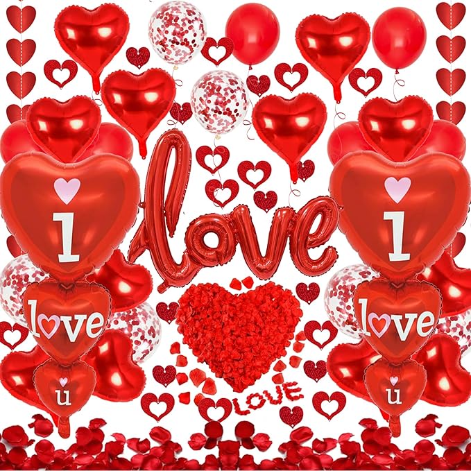 Valentines Day Decorations with I Love You and Red Heart Foil