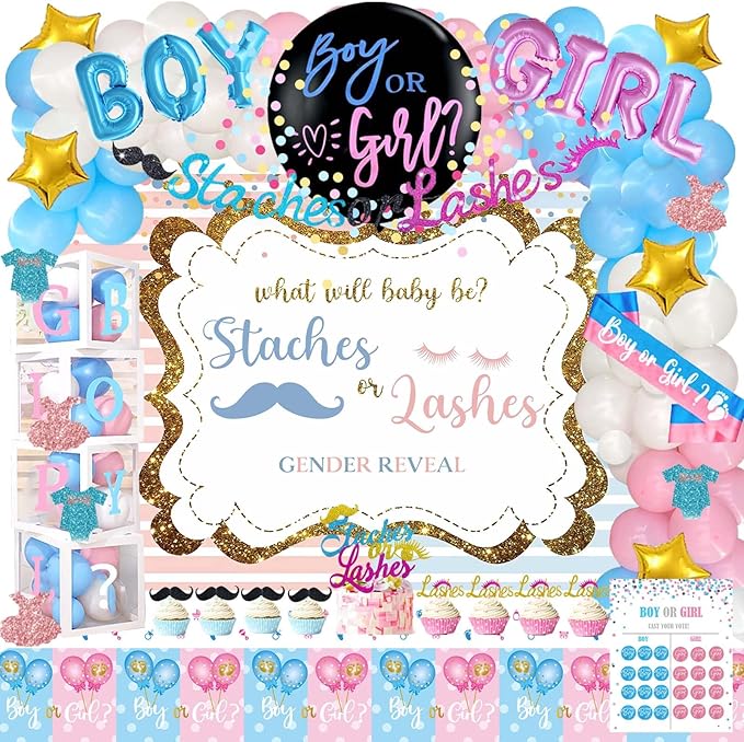 Staches or Lashes Gender Reveal Decorations 169 PCs Boy or Girl