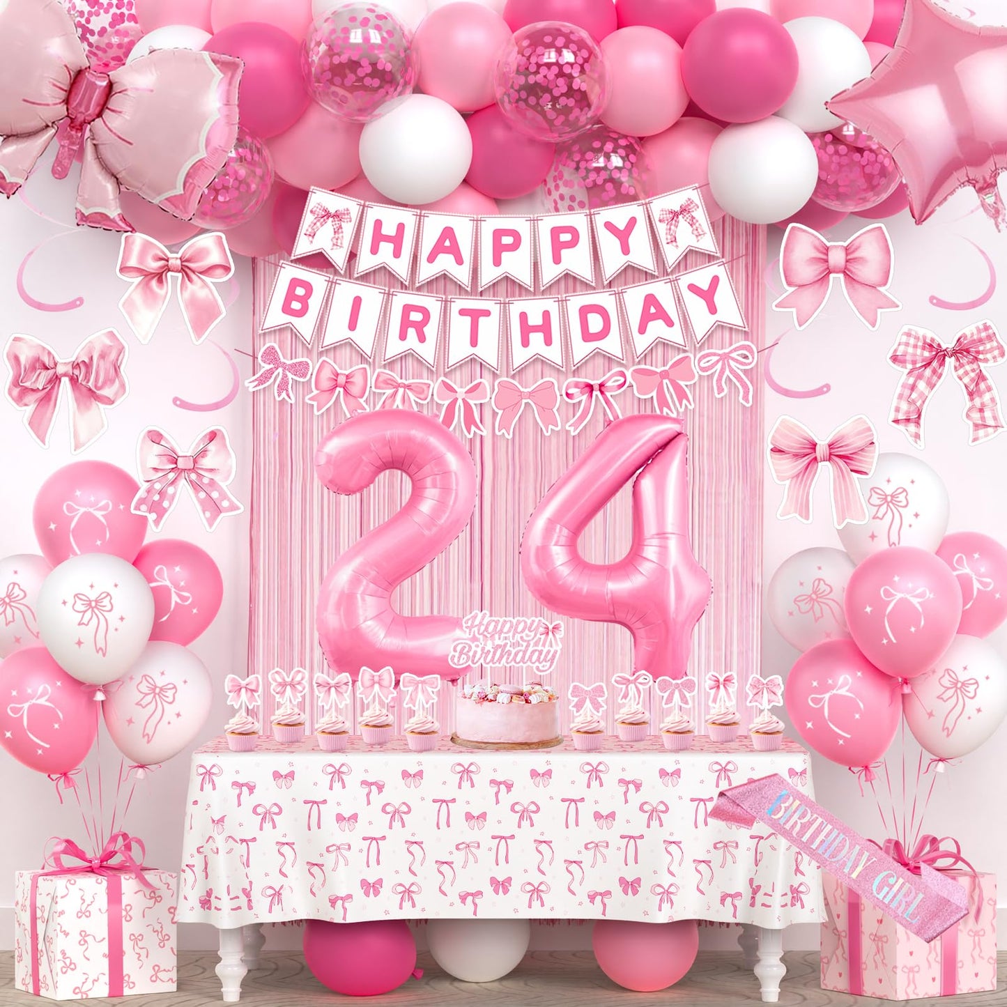 24th Pink Birthday Decorations for Women, Pink Bow Coquette Birthday