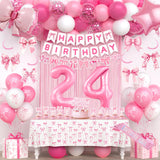 24th Pink Birthday Decorations for Women, Pink Bow Coquette Birthday