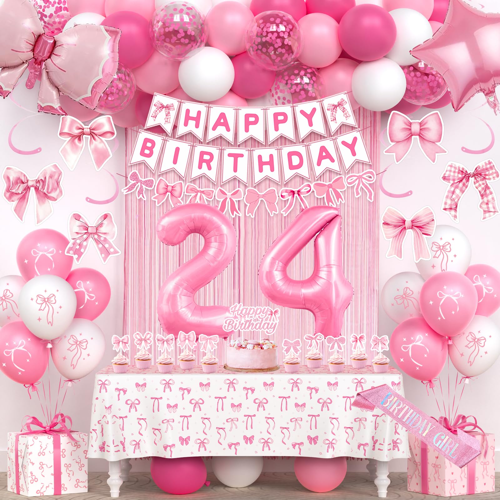 24th Pink Birthday Decorations for Women, Pink Bow Coquette Birthday