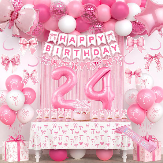 24th Pink Birthday Decorations for Women, Pink Bow Coquette Birthday