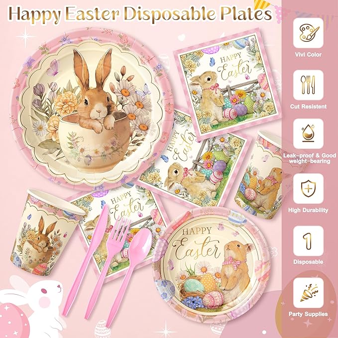 168PCS Happy Easter Party Supplies, Bunny and Eggs Paper Plates