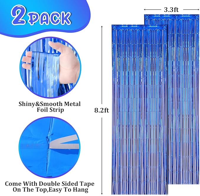 Voircoloria 2 Pack Blue Foil Fringe Backdrop Curtains, Tinsel
