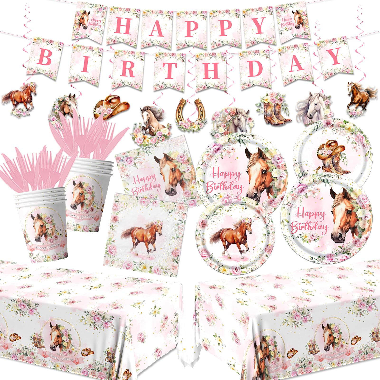Horse Birthday Decorations Tableware,171PCS Cowgirl Floral Themed