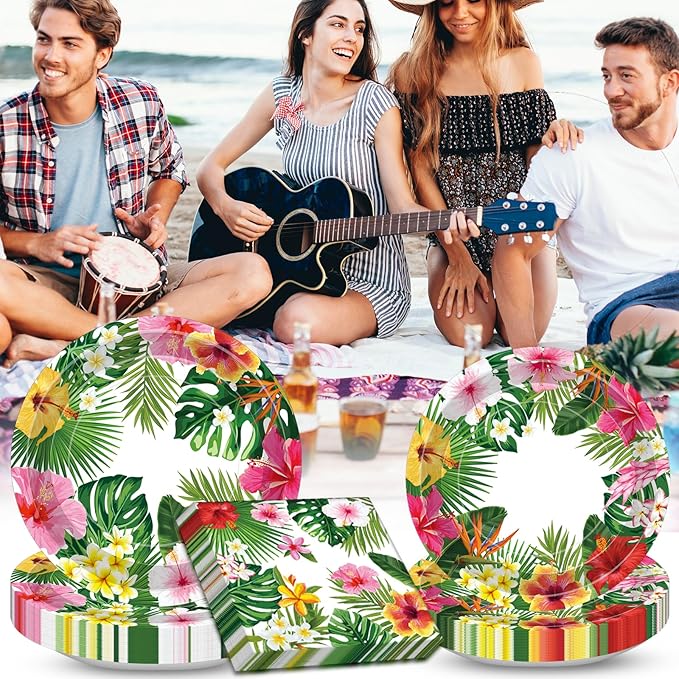 100 Pcs Tropical Luau Party Supplies Set Serves 25 Disposable