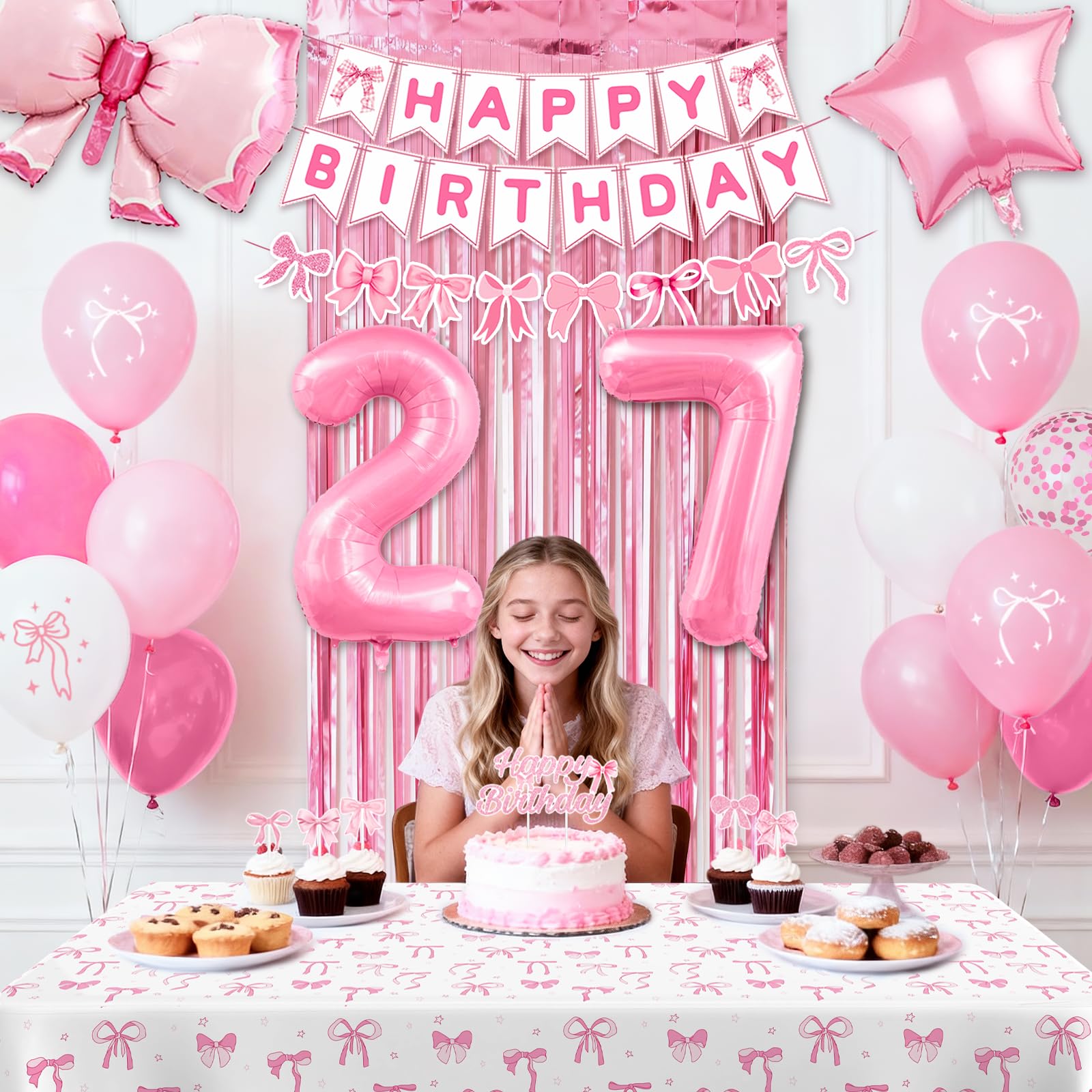 27th Pink Birthday Decorations for Women, Pink Bow Coquette Birthday