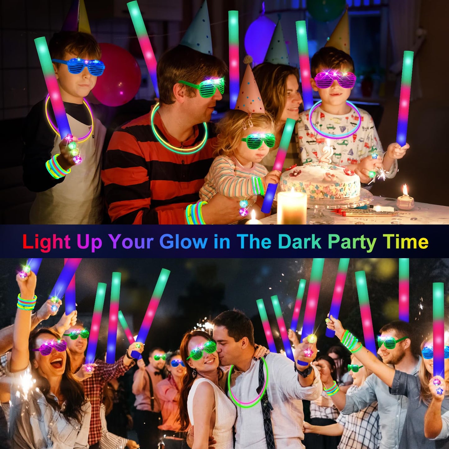 OLUPP 150 PCS Glow in the Dark Party Supplies, 16 Foam Sticks, 16 LED