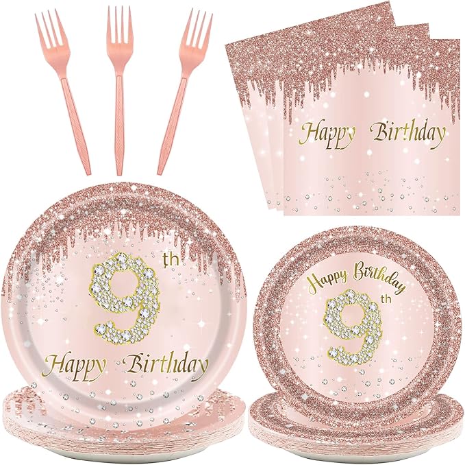 24 Sets 9th Rose Gold Birthday Party Decrations for Girls 9 Birthday