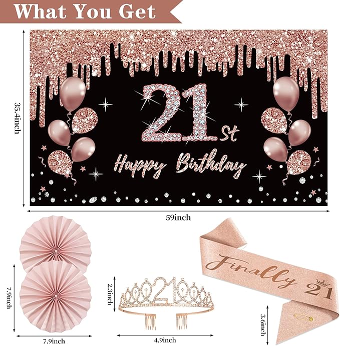 21st Birthday Decorations for Her 33pcs 21 Crown and Sash Black Rose