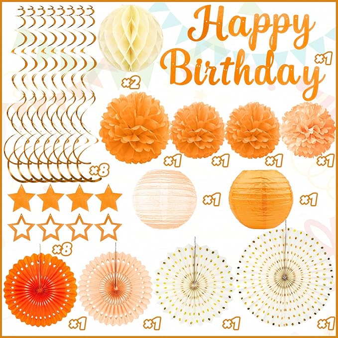 Orange Birthday Party-Decorations - 29pcs Orange Beige FAL Boho Party