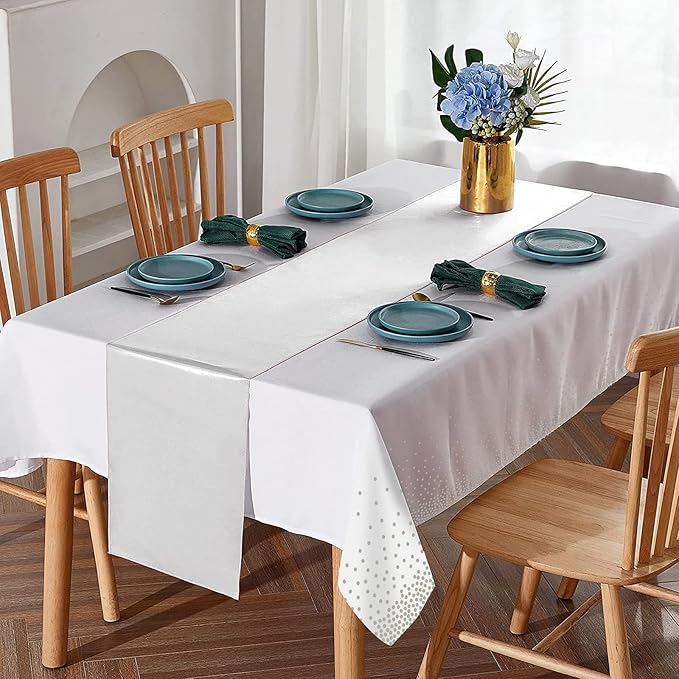 8Pack Disposable Plastic Tablecloths and Satin Table Runner Set White