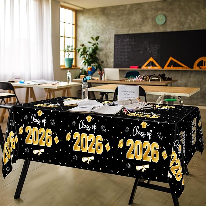 QZYL 4 Pack Graduation Decorations, 54" x 108" Black and Gold