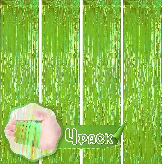 Voircoloria 4 Pack 3.3x8.2 Feet Neon Green Foil Fringe Backdrop