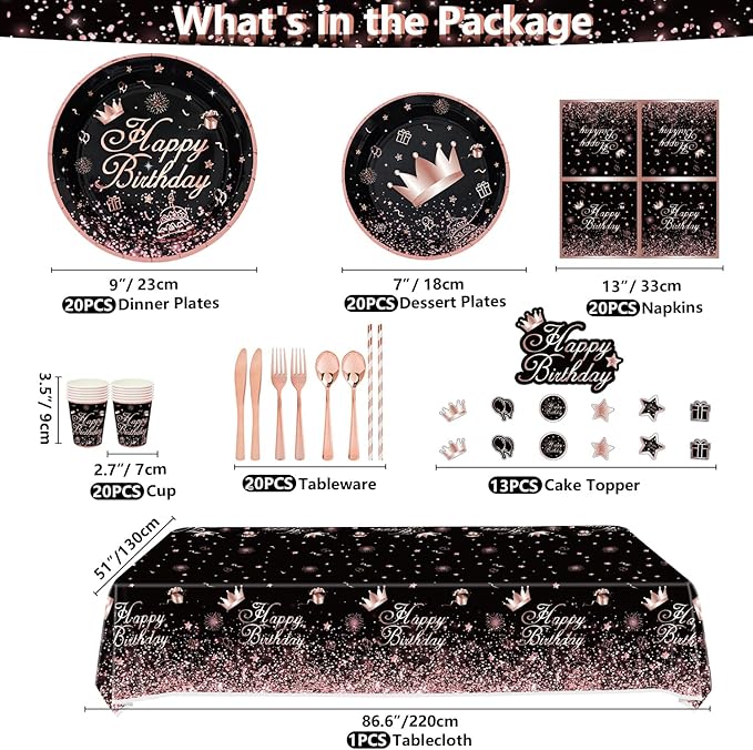 225 PCS Black and Rose Gold Party Decoration Rose Gold & Black Party