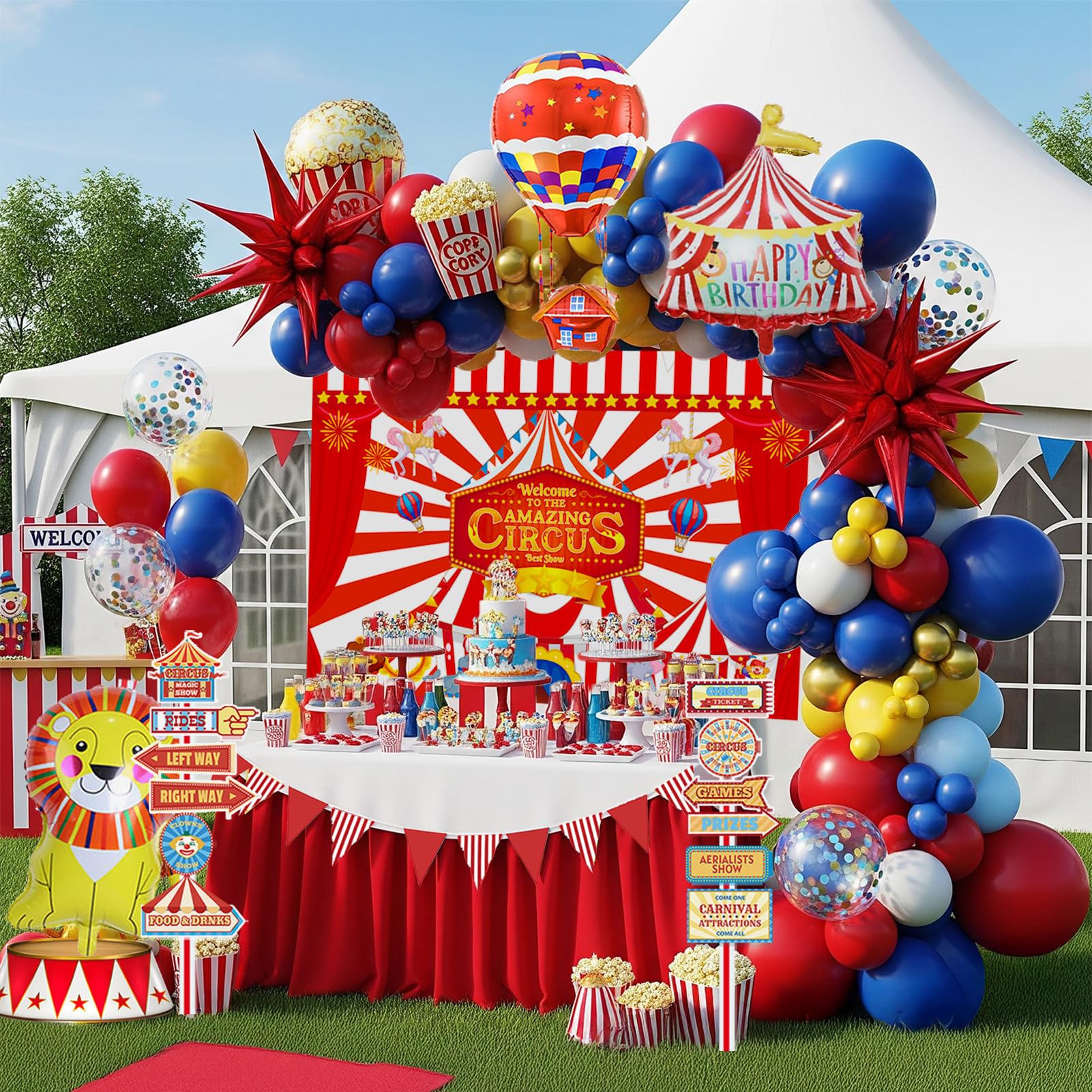 Circus Theme birthday party decorations & include red yellow blue