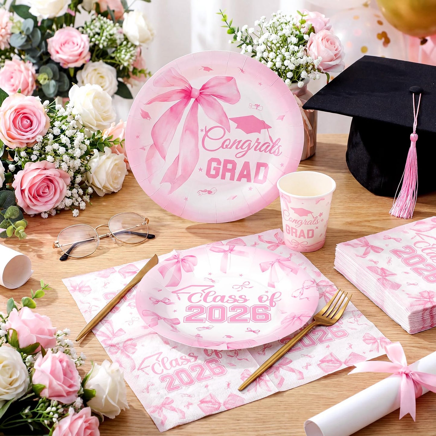 Hsei 250 Pcs Pink Graduation Disposable Plates and Napkins Bow