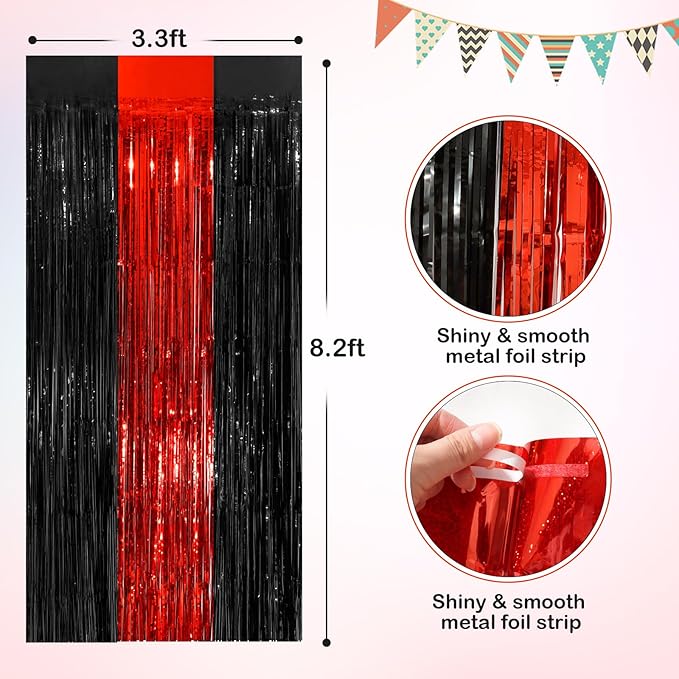 Black Red Tinsel Foil Fringe Curtains, 2 Pack 3.3x8.3 Feet Party